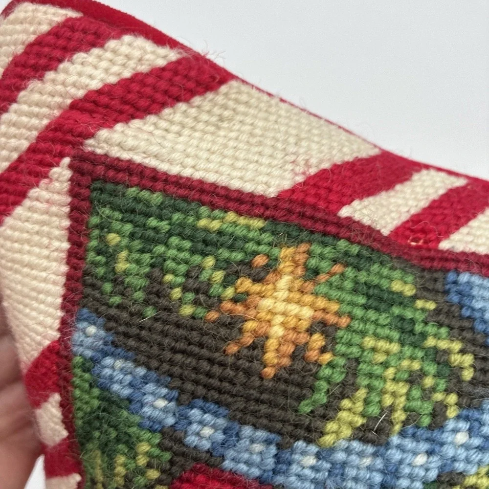 Vintage Christmas Needlepoint Pillow Golden Retriever Puppy in Boot Red Velvet
